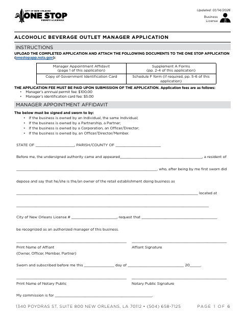 Alcoholic Beverage Outlet Manager Application, Orleans Parish form, first page