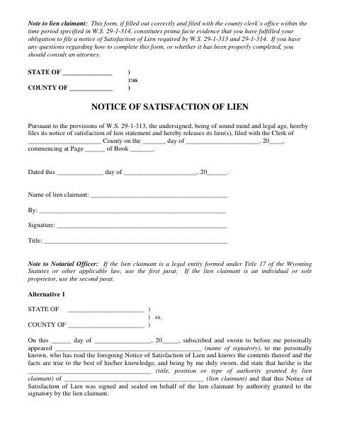 Notice of Satisfaction of Lien, Converse County form, first page