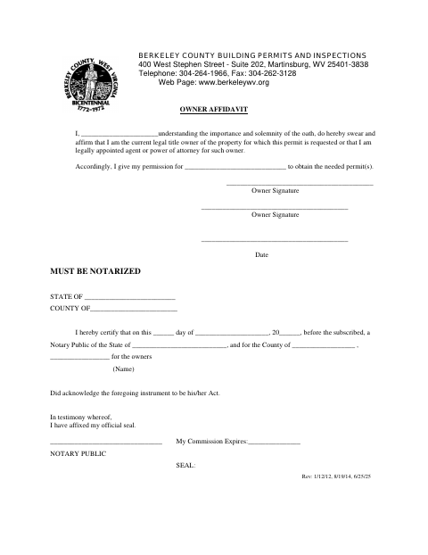 Owner Affidavit, Berkeley County form, first page