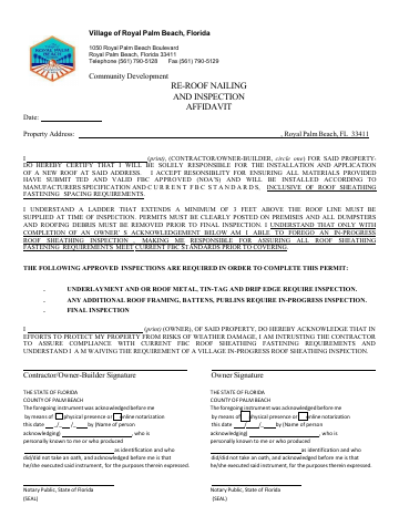 First page of the Re-Roof Nailing Affidavit