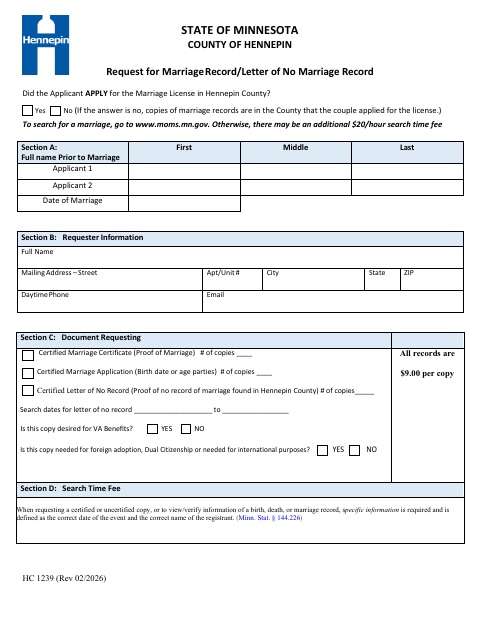 First page of the Request for Marriage Record or Letter of No Marriage Record