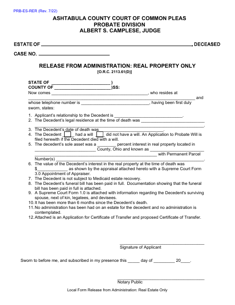 Release from Administration: Real Property Only, Ashtabula County form, first page