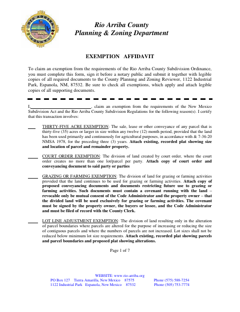 Exemption Affidavit, Rio Arriba County form, first page