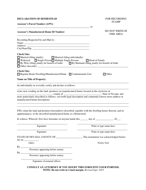 Declaration of Homestead, Clark County form, first page