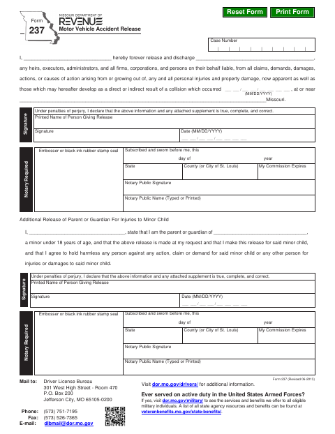 Form 237 Motor Vehicle Accident Release first page