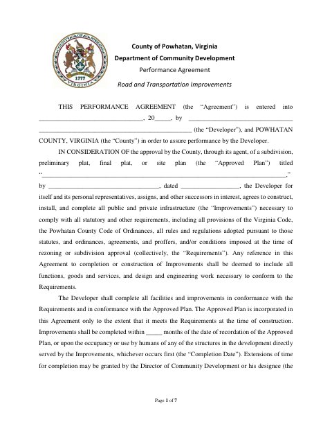 Road And Transportation Improvements Performance Agreement, Powhatan County form, first page