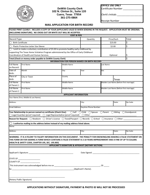 Application for Certified Copy of Birth Certificate, DeWitt County form, first page