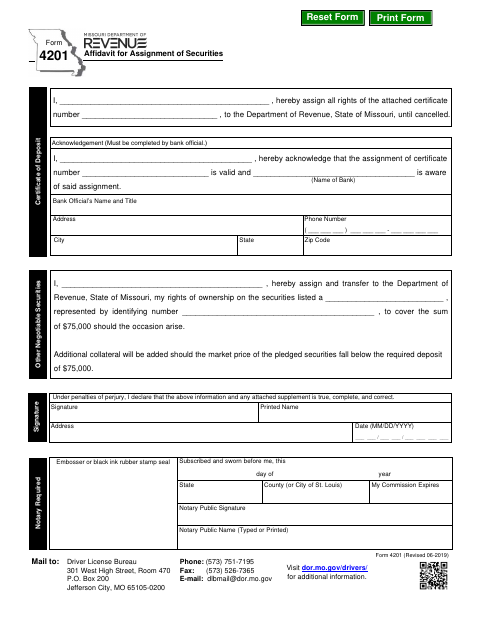Form 4201 Affidavit for Assignment of Securities first page