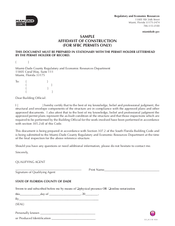 SAMPLE AFFIDAVIT OF CONSTRUCTION (FOR SFBC ... — Miami-Dade County form, first page