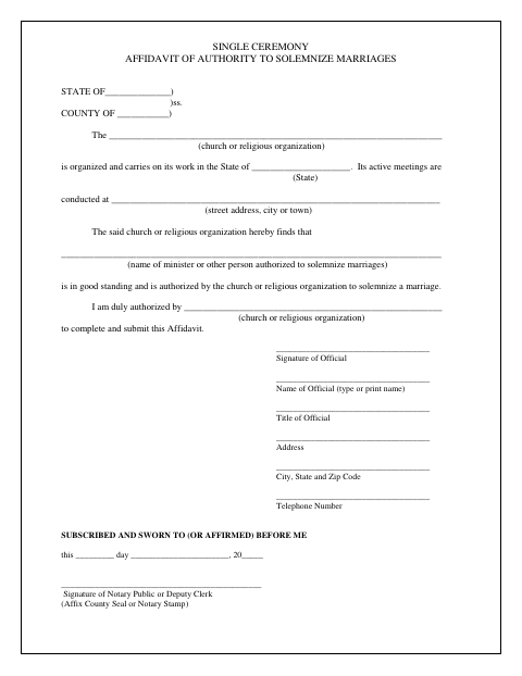 Single Ceremony Affidavit of Authority to Solemnize Marriages, Washoe County form, first page