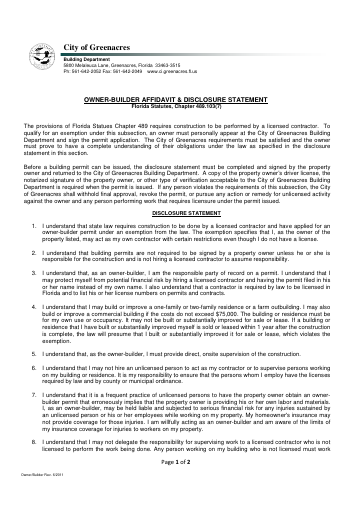First page of the Owner-Builder Disclosure Statement