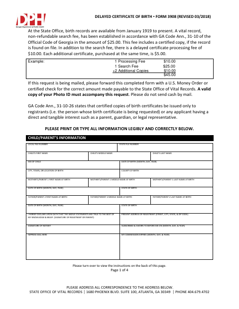 Delayed Certificate of Birth Form 3908 first page