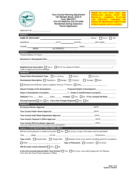 Residential Zoning Clearance Permit Application, Taos County form, first page