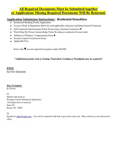 Demolition, Watauga County form, first page