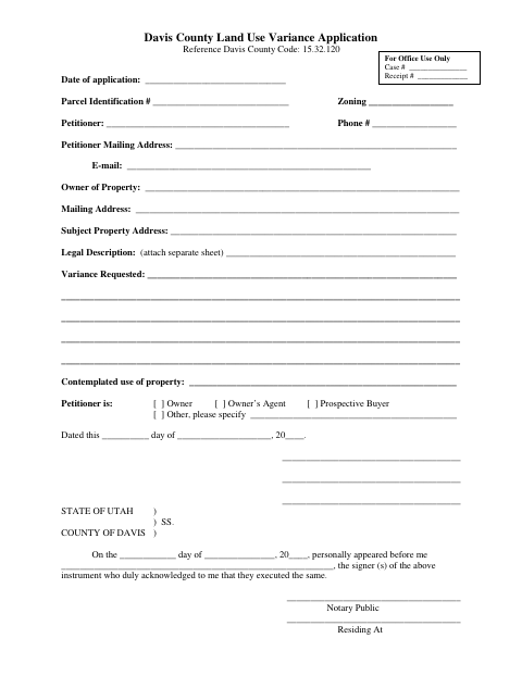 Land Use Variance Application, Davis County form, first page