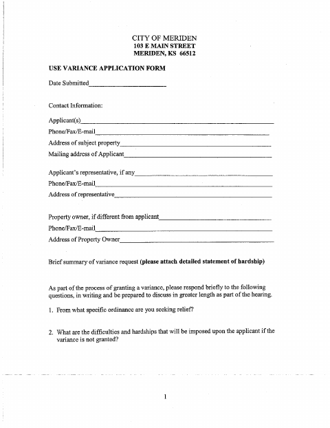 First page of the Use Variance Application