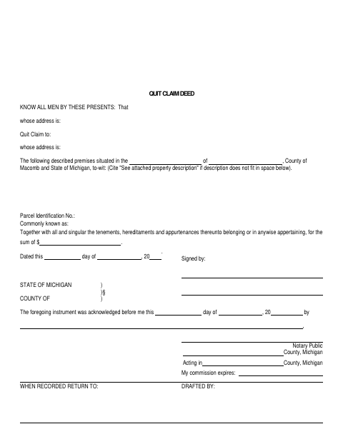 Quit Claim Deed, Macomb County form, first page