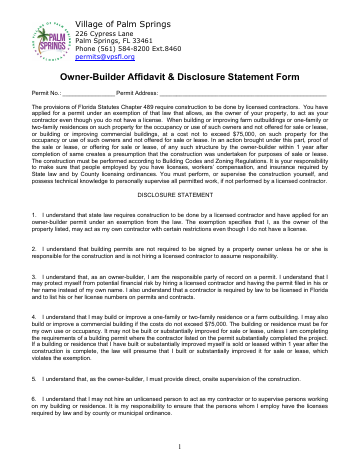 First page of the Owner-Builder Affidavit & Disclosure Statement Form