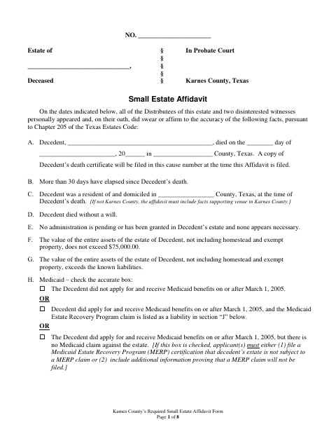 Small Estate Affidavit, Karnes County form, first page