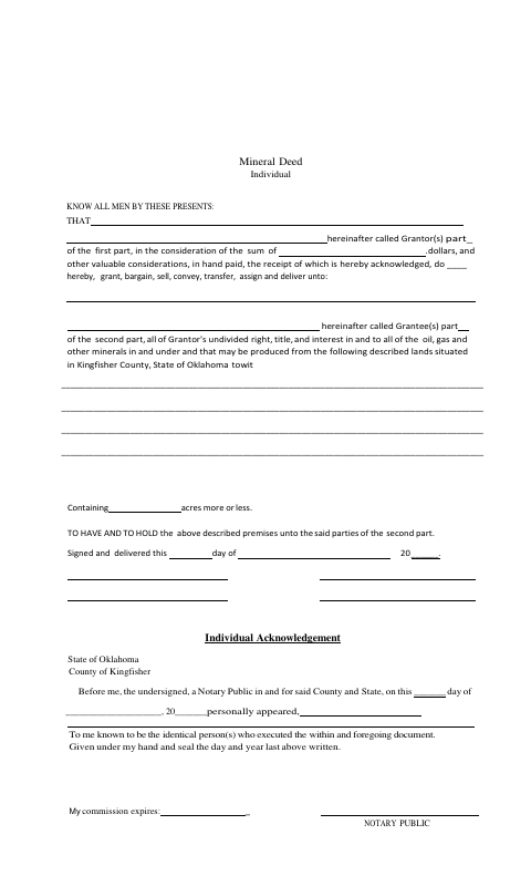 Mineral Deed Individual, Kingfisher County form, first page