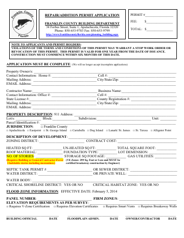 REPAIR OR ADDITION PERMIT Application — Franklin County form, first page
