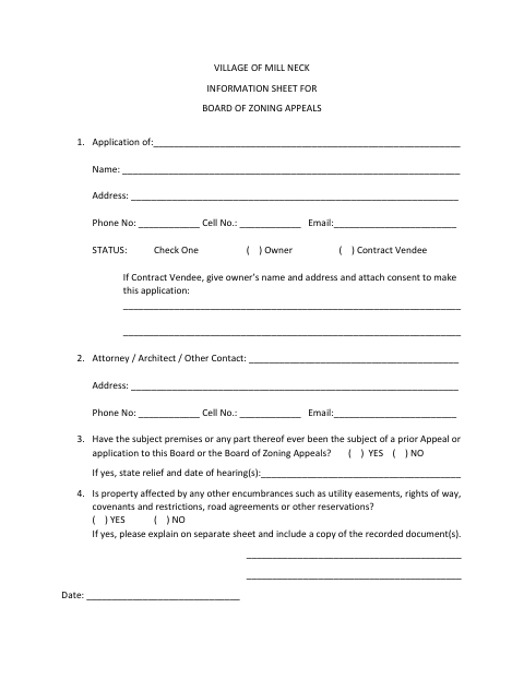First page of the Board of Zoning Appeals Variance Application