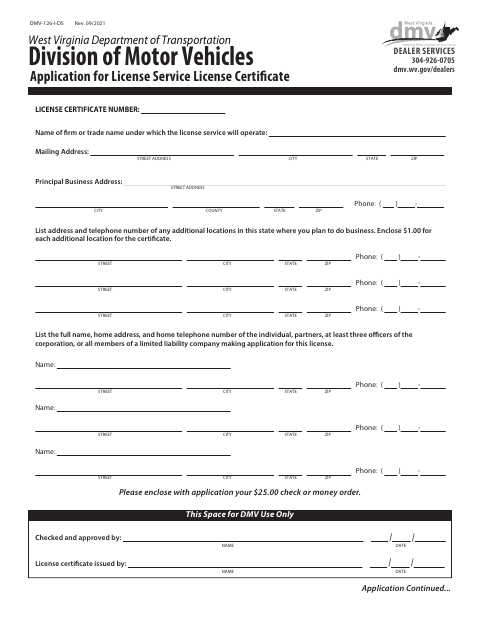 DMV-126-I-DS Application for License Service License Certificate first page