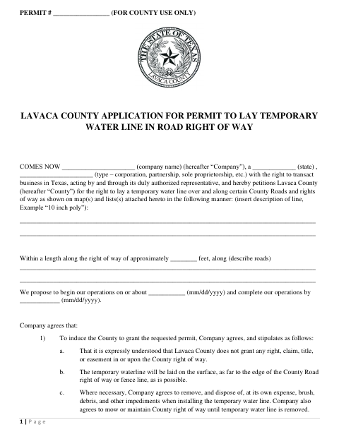 Application for Permit to Lay Temporary Water Line in Road Right of Way, Lavaca County form, first page