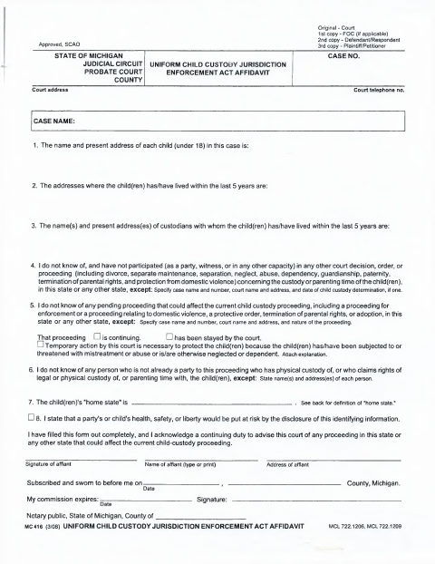 Uniform Child Custody Jurisdiction Enforcement Act Affidavit, Wexford County form, first page