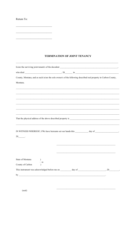 Termination of Joint Tenancy, Carbon County form, first page