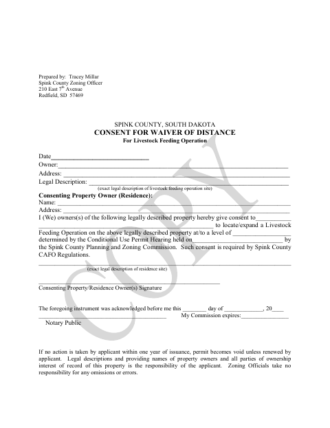 Consent for Waiver of Distance, Spink County form, first page