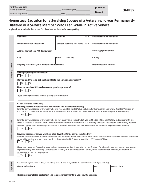 First page of the Homestead Exclusion for a Surviving Spouse