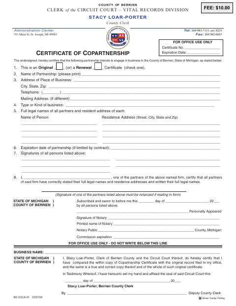 Certificate of Copartnership, Berrien County form, first page