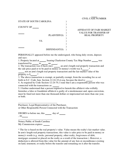 Affidavit of Fair Market Value for Transfer of Real Property, Charleston County form, first page