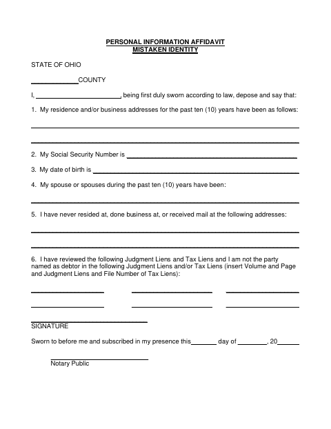 Personal Information Affidavit for Mistaken Identity, Lucas County form, first page