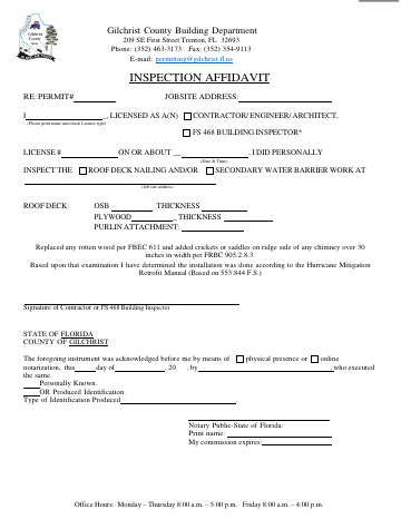 INSPECTION AFFIDAVIT — Gilchrist County form, first page