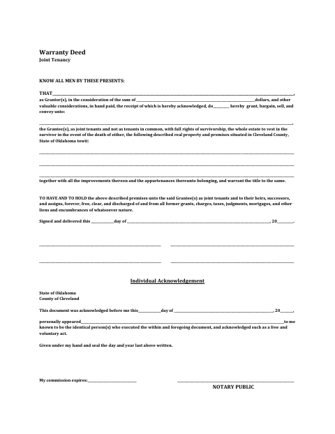 Warranty Deed for Joint Tenancy, Cleveland County form, first page