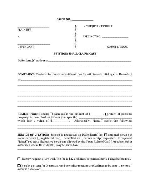 Petition: Small Claims Case, Ellis County form, first page