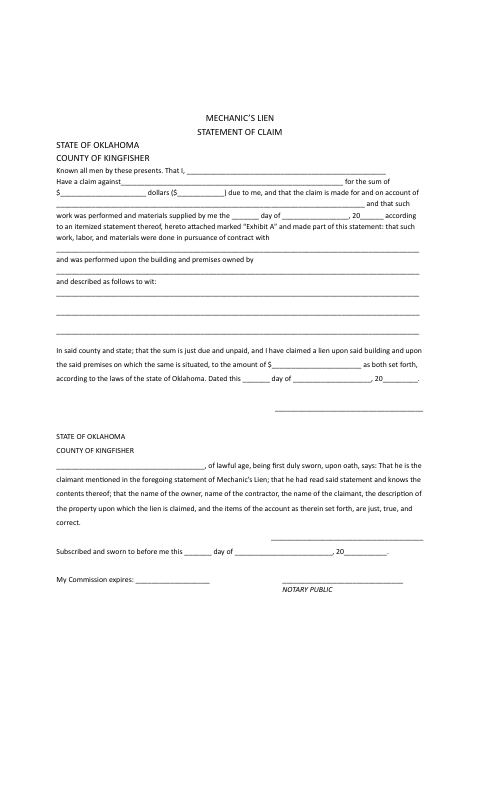 Mechanic’s Lien Statement of Claim, Kingfisher County form, first page