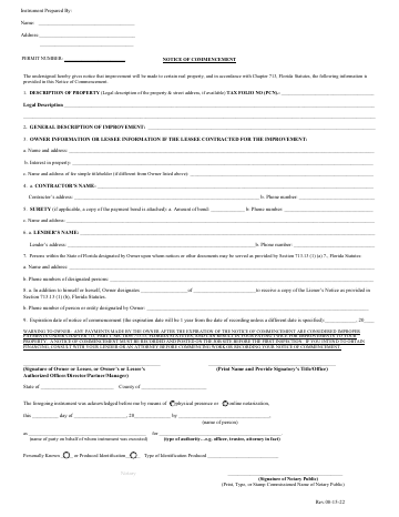 First page of the Notice of Commencement