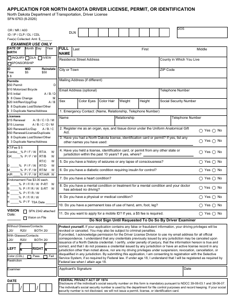 SFN 6763 Driver License, Permit, or Identification Application first page