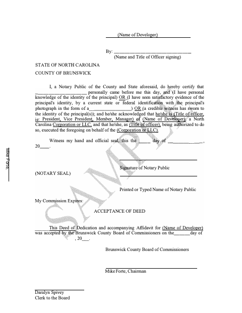 Deed of Dedication and Affidavit, Brunswick County form, first page