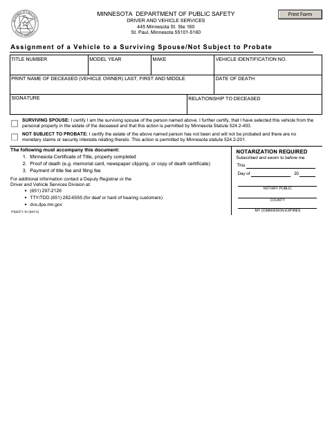 Assignment of Vehicle to Surviving Spouse or Not Subject to Probate, Le Sueur County form, first page