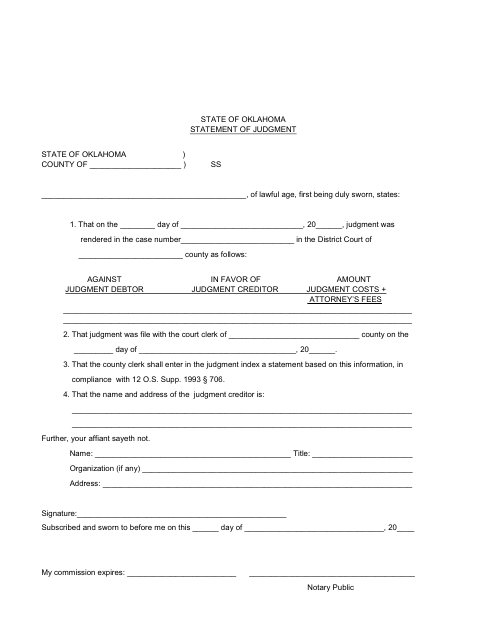 Statement Of Judgment, Cleveland County form, first page