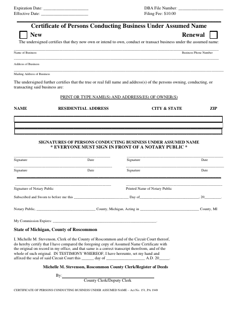 Certificate of Persons Conducting Business Under Assumed Name, Roscommon County form, first page
