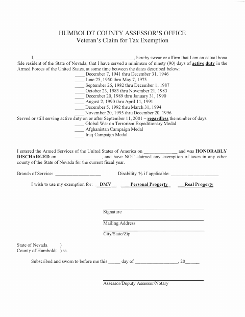 Veteran's Claim for Tax Exemption, Humboldt County form, first page