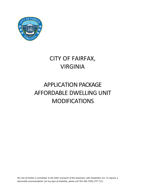 Affordable Dwelling Unit Modifications Application Package, City of Fairfax form, first page