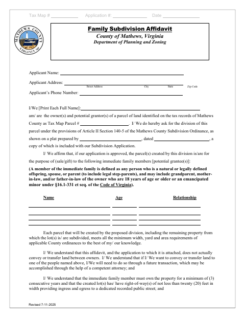 Family Subdivision Affidavit, Mathews County form, first page