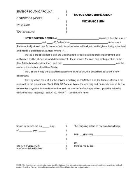 Notice and Certificate of Mechanics Lien, Jasper County form, first page