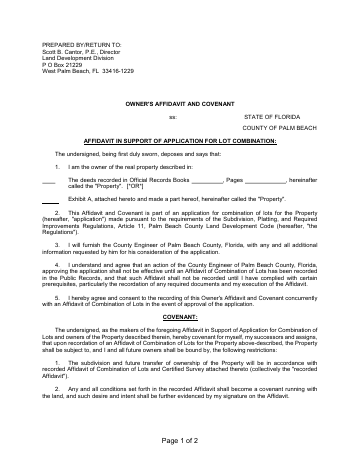Lot-Combination-Owners-Affidavit-and-Covenant. ... — Palm Beach County form, first page